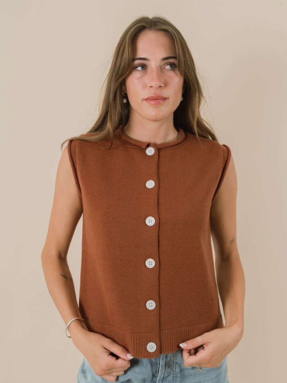 Rust Knit Button-Down Vest Top - Size Small